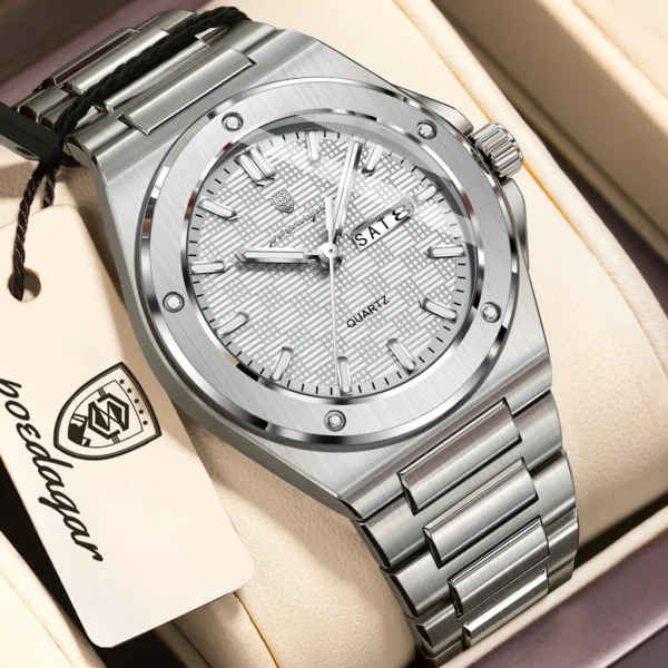 POEDAGAR Original Men Clock Quartz Date Week Luxury Man Wristwatch Waterproof Luminous Stainless Steel Sport Men's Watches Reloj