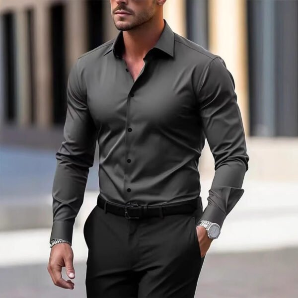 Men's Shirt Business Button Down Shirt Summer Solid Color Long Sleeve Lapel Vacation Shirt Fashion Temperament Casual Tops